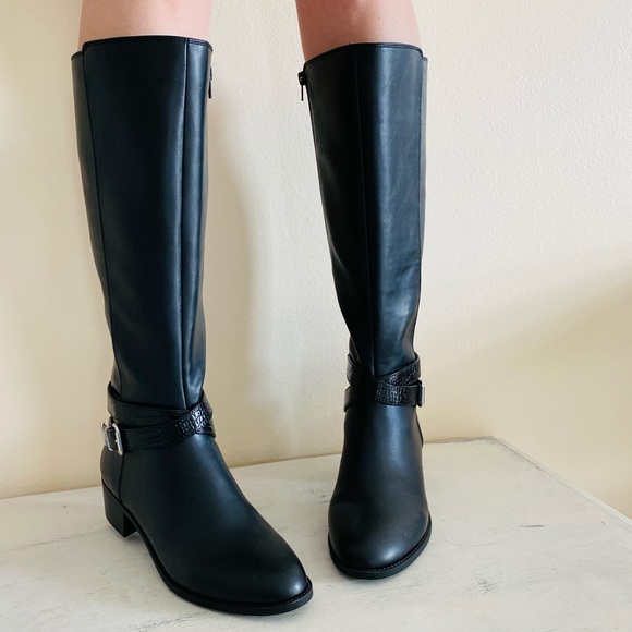 New Bandolino Noles Knee High Black Croc Skin Ankle Strap Tall Riding Boots - Picture 3 of 9